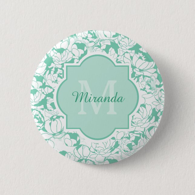 Modern Mint Green Floral Girly Monogram With Name 6 Cm Round Badge (Front)