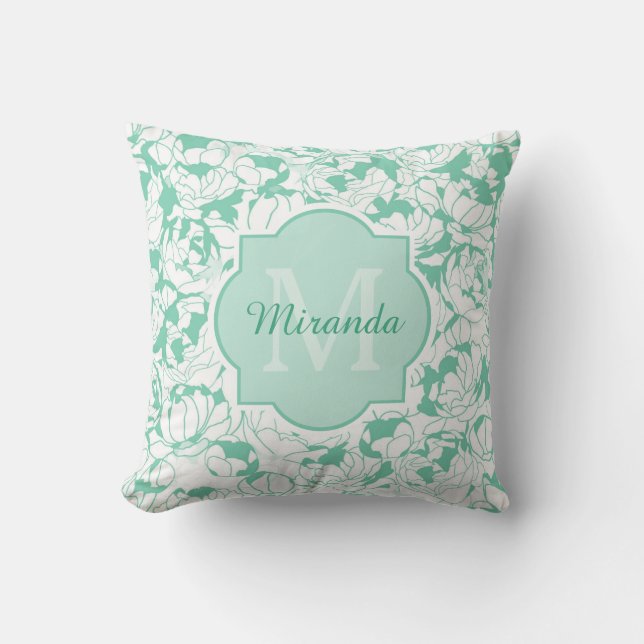 Modern Mint Green Floral Girly Monogram With Name Cushion (Front)
