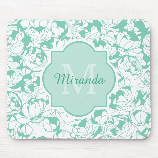 Modern Mint Green Floral Girly Monogram With Name Mouse Mat (Front)