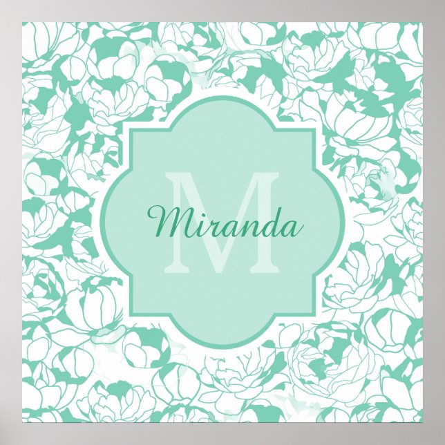 Modern Mint Green Floral Girly Monogram With Name Poster (Front)