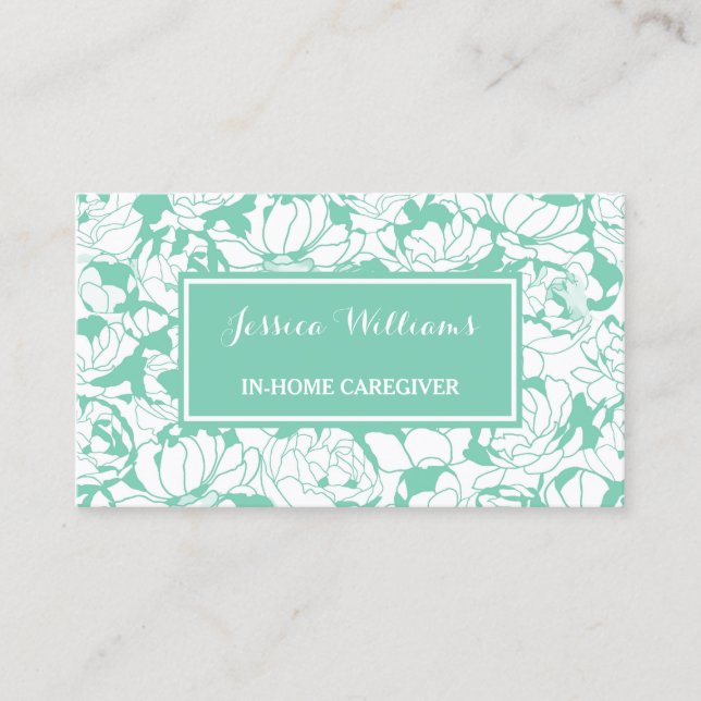 Modern Mint Green Floral Girly Nurse Caregiver Business Card (Front)
