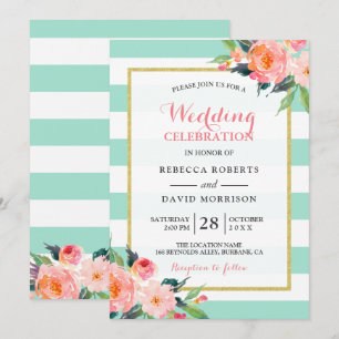 Modern Mint Green Flowers Wedding Celebration Invitation