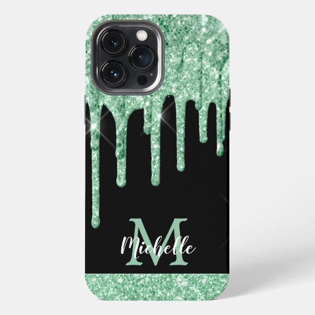 Modern Mint Green Glitter Drips Monogram iPhone Case (Back)