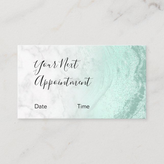 Modern mint green glitter marble makeup artist appointment card (Front)