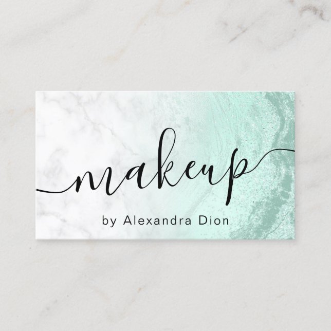 Modern mint green glitter marble makeup artist business card (Front)