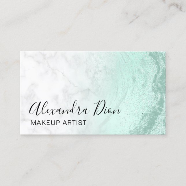 Modern mint green glitter marble makeup artist business card (Front)