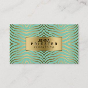 Modern Mint-Green & Gold Zebra Stripes Pattern Business Card