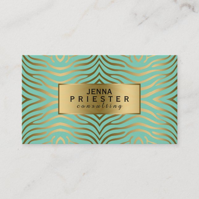 Modern Mint-Green & Gold Zebra Stripes Pattern Business Card (Front)