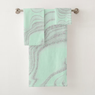 Modern mint green grey abstract marble pattern  bath towel set