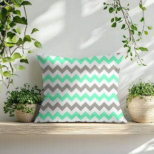 Modern Mint Green Grey Chevron Pattern Cushion
