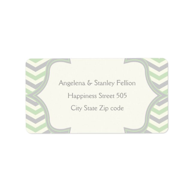 Modern mint green, grey chevron zigzag wedding label (Front)