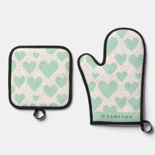 Modern Mint Green Heart Pattern Personalised Oven Mitt & Pot Holder Set