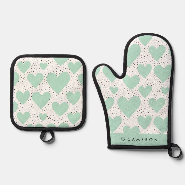 Modern Mint Green Heart Pattern Personalised Oven Mitt & Pot Holder Set (Front)