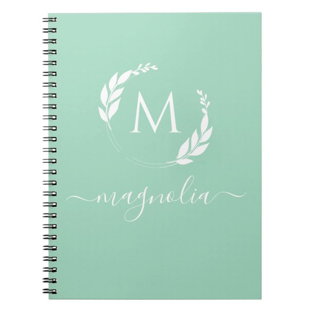Modern Mint Green Monogram Name Initial Notebook (Front)