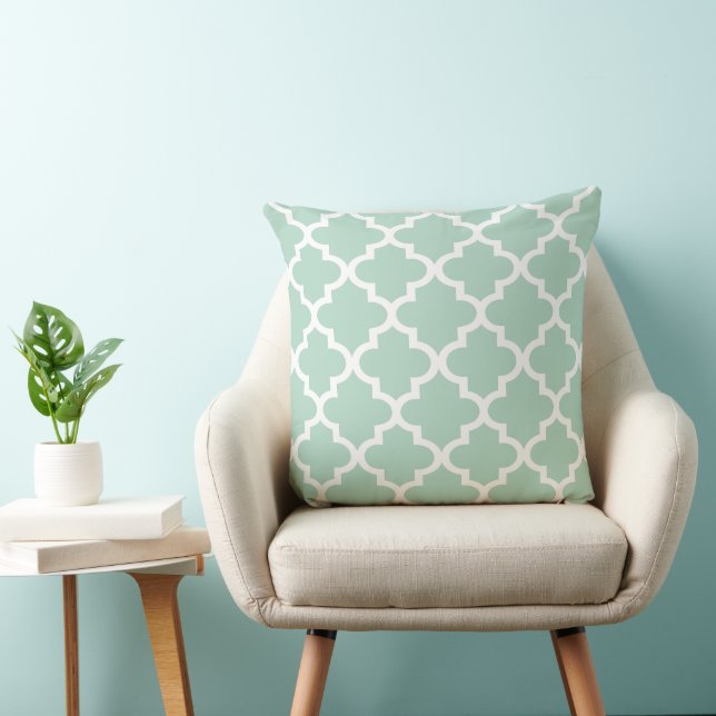 Modern Mint Green Moroccan Quatrefoil Pattern Cushion (Chair)