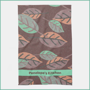 Modern Mint Green Orange and Purple Leaves Tea Towel