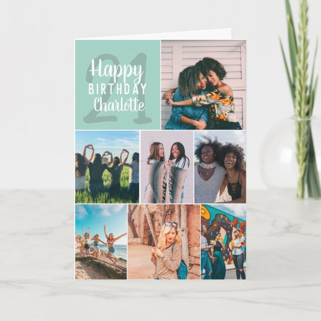 Modern mint green photos collage grid 21 birthday card (Front)