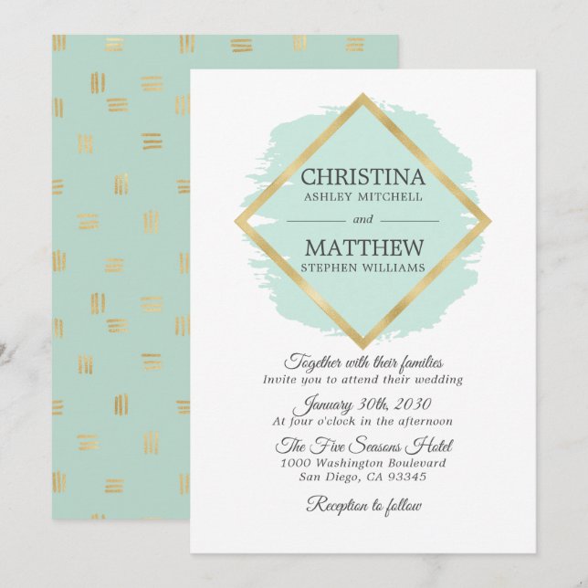 Modern Mint Green Sage Gold Foil Frame Wedding Invitation (Front/Back)