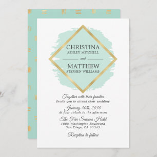 Modern Mint Green Sage Gold Foil Frame Wedding Invitation