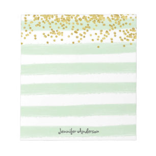 Modern Mint Green Stripe Gold Confetti Personalise Notepad