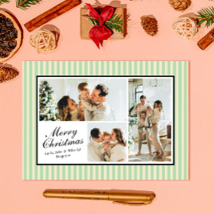 Modern Mint Green Stripes 3 Photo Christmas Holiday Card
