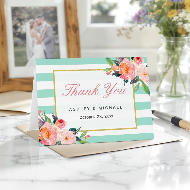 Modern Mint Green Stripes Elegant Floral Thank You Card (Creator Uploaded)