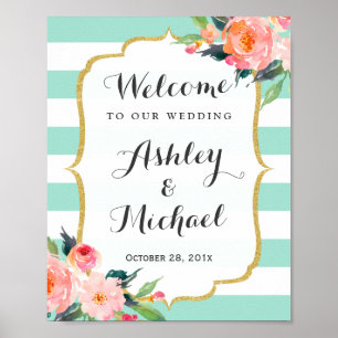 Modern Mint Green Stripes Floral Deco Wedding Sign