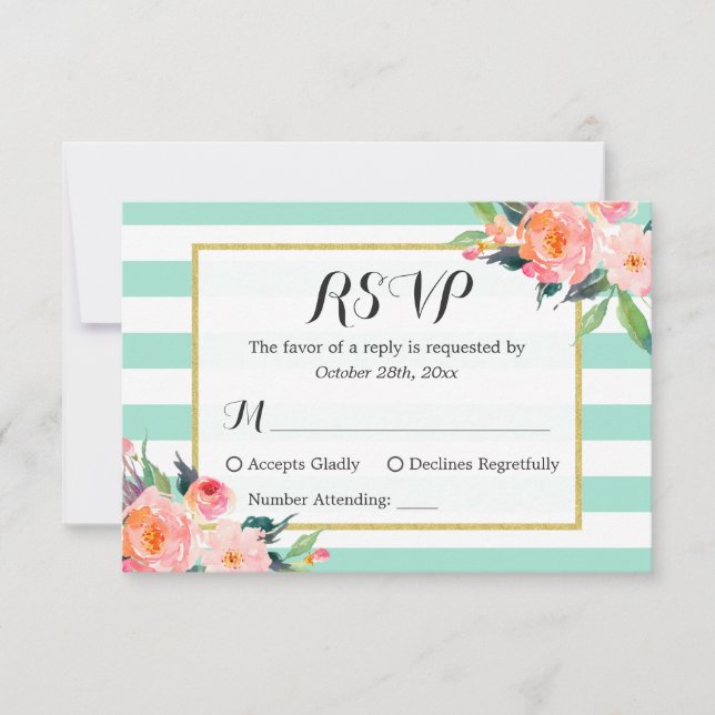 Modern Mint Green Stripes Floral RSVP Reply Card (Front)