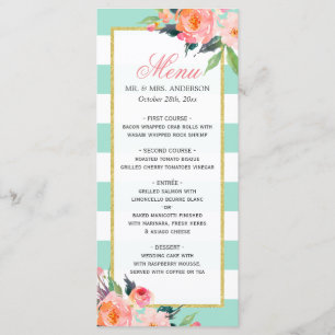 Modern Mint Green Stripes Floral Wedding Menu