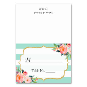 Modern Mint Green Stripes Floral Wedding Place Table Number