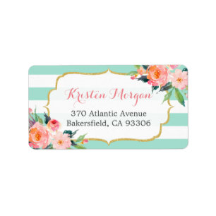 Modern Mint Green Stripes Watercolor Pink Floral Label