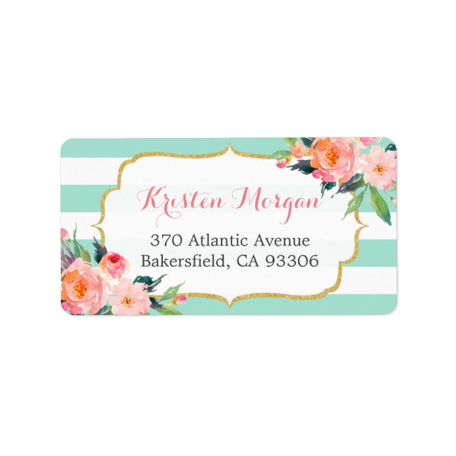 Modern Mint Green Stripes Watercolor Pink Floral Label (Front)
