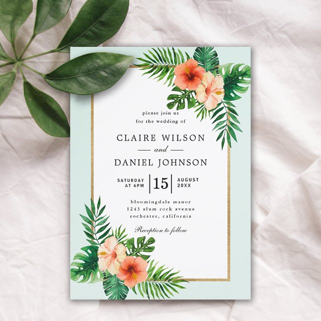 Modern Mint Green Tropical Watercolor Wedding Invitation (Creator Uploaded)