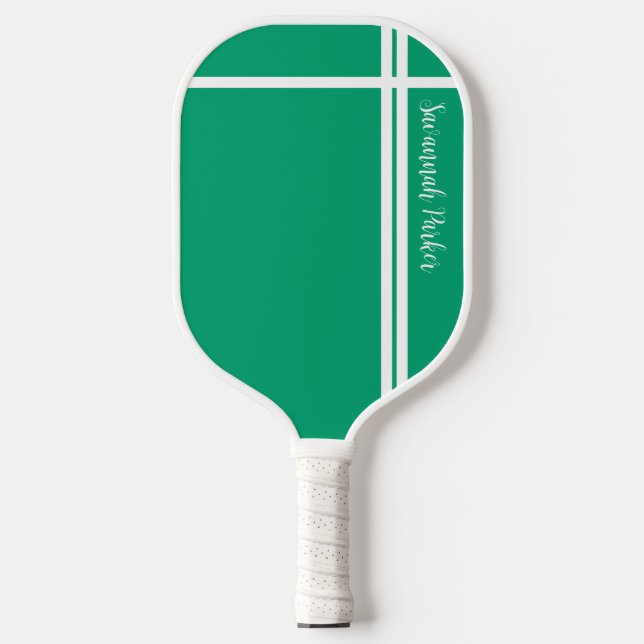 Modern Mint Green White Stripes Custom Name  Pickleball Paddle (Front)
