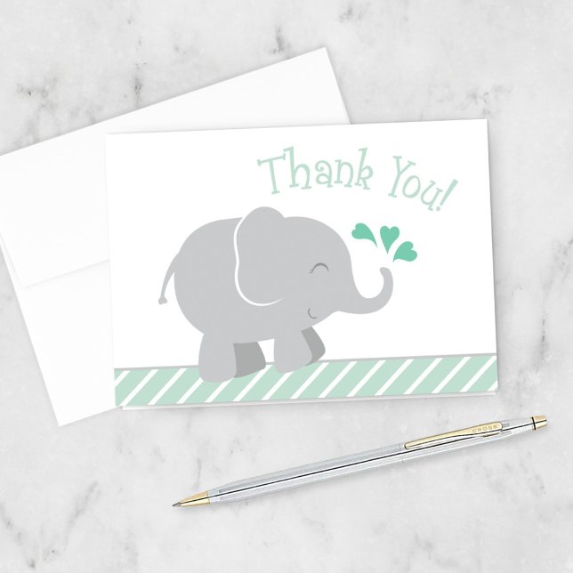 Modern Mint Grey Elephant Baby Shower Thank You Card (Creator Uploaded)