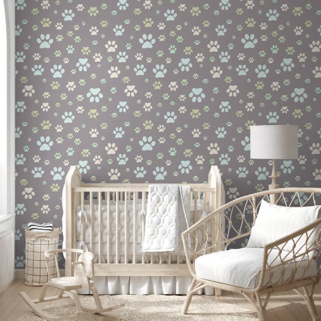 Modern Mint & Grey Paw Print Nursery  Wallpaper (Kids)