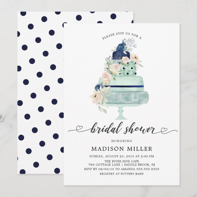 Modern Mint Navy & Blush Floral Cake Bridal Shower Invitation (Front/Back)