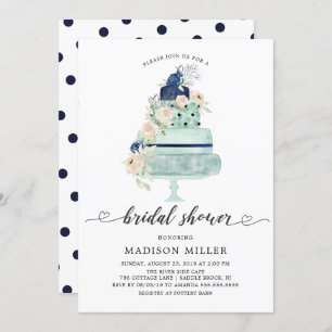 Modern Mint Navy & Blush Floral Cake Bridal Shower Invitation