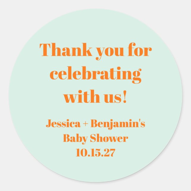 Modern Mint Orange Baby Shower Custom Thank You Classic Round Sticker (Front)