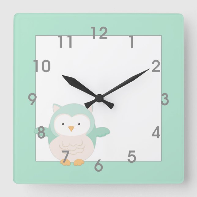 Modern Mint Owl Clock - nursery bedroom (Front)