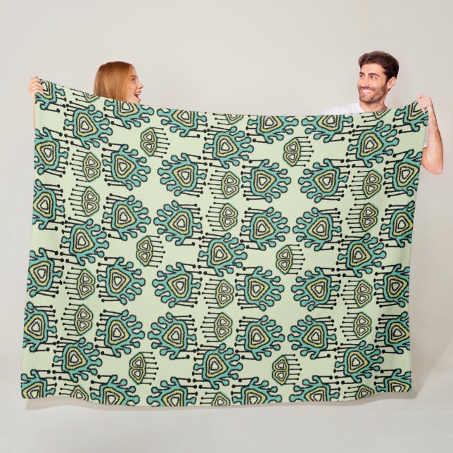 Modern Mint Retro Tribal Dots iKat Pattern Fleece Blanket (In Situ)