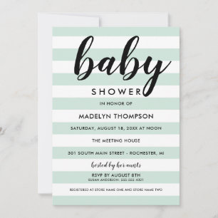 Modern Mint Stripe Script Baby Shower Invitation
