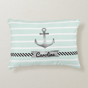 Modern Mint Stripes Grey Anchor Personalised Decorative Cushion