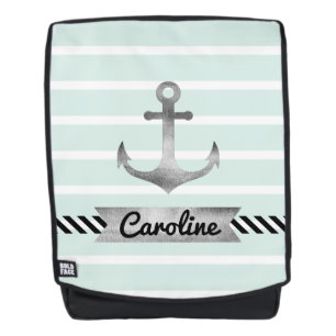 Modern Mint Stripes Watercolor Anchor Custom Backpack