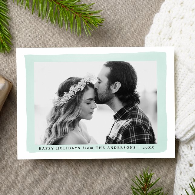 Modern Mint Watercolor Frame Photo Holiday Card (Creator Uploaded)