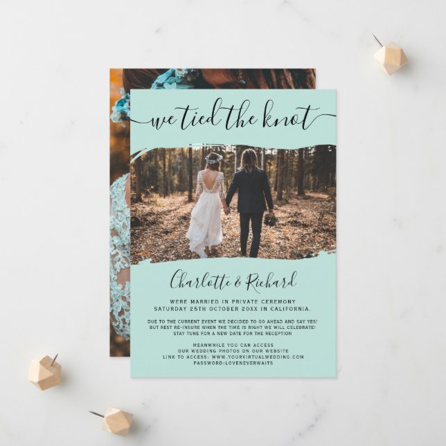 Modern mint wedding elopement tied the knot photo announcement (Front/Back In Situ)
