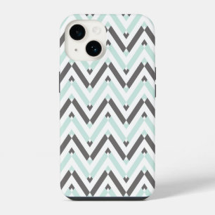 Modern Mint White Grey Geometric Chevron Design Ca iPhone 14 Case