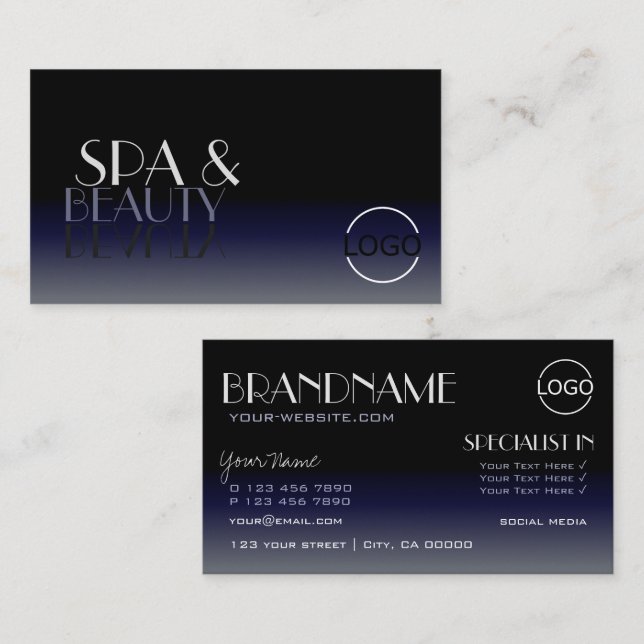 Modern Mirror Font Classic Black Blue with Logo Business Card (Front/Back)