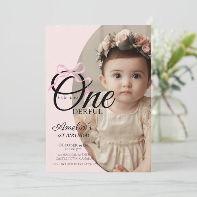 Modern Miss Onederful Pink Bow 1st Birthday Photo  Invitation (Standing Front)