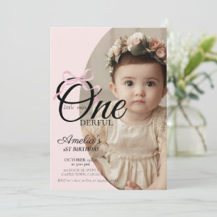 Modern Miss Onederful Pink Bow 1st Birthday Photo  Invitation